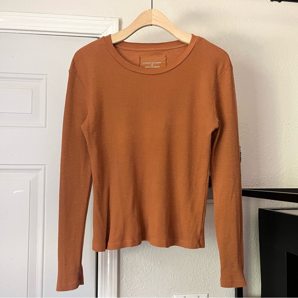 CHRISTINA LEHR rust orange cotton waffle thermal knit crew long sleeve T-shirt